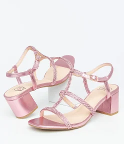 Pink Rhinestone Leatherette T-Strap Heels