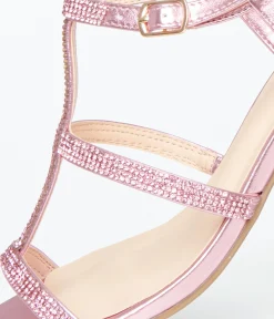 Pink Rhinestone Leatherette T-Strap Heels