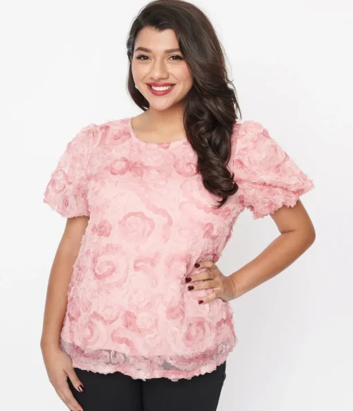 Pink Textured Floral Puff Sleeve Blouse