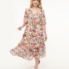 Pink Tropical Flower Chiffon Midi Dress