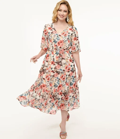 Pink Tropical Flower Chiffon Midi Dress