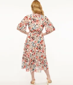 Pink Tropical Flower Chiffon Midi Dress