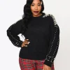 Plus Size Black & Faux Pearl Studded Knit Sweater