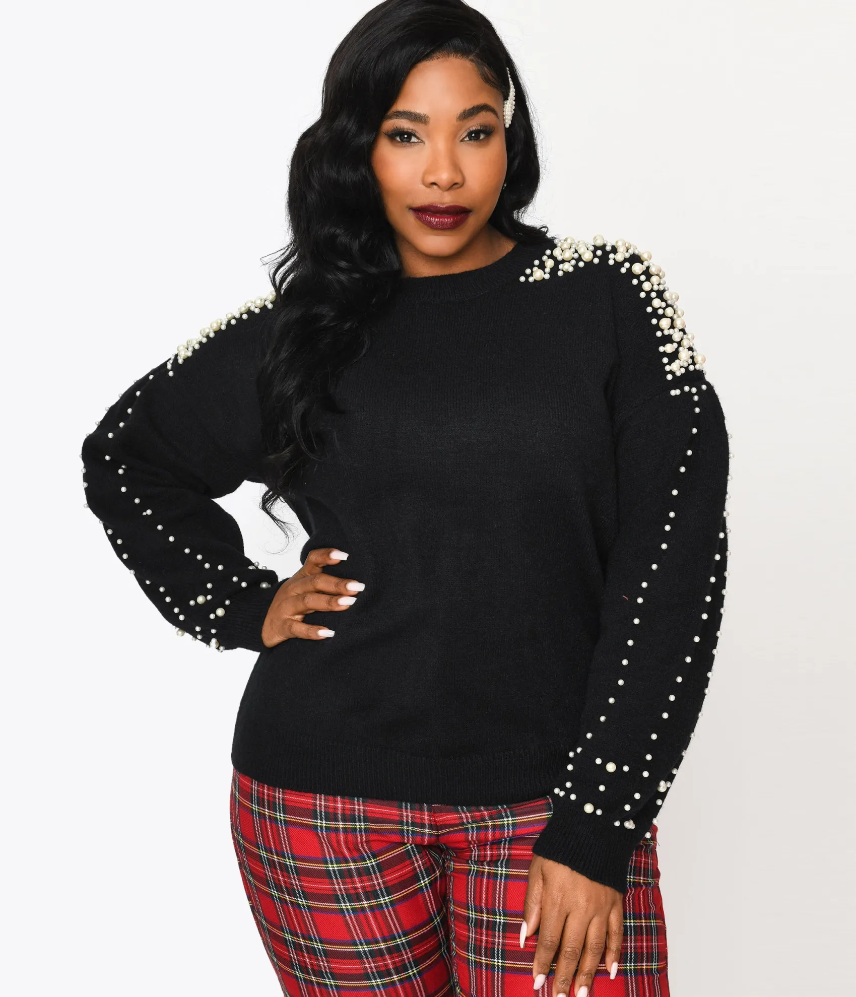 Plus Size Black & Faux Pearl Studded Knit Sweater