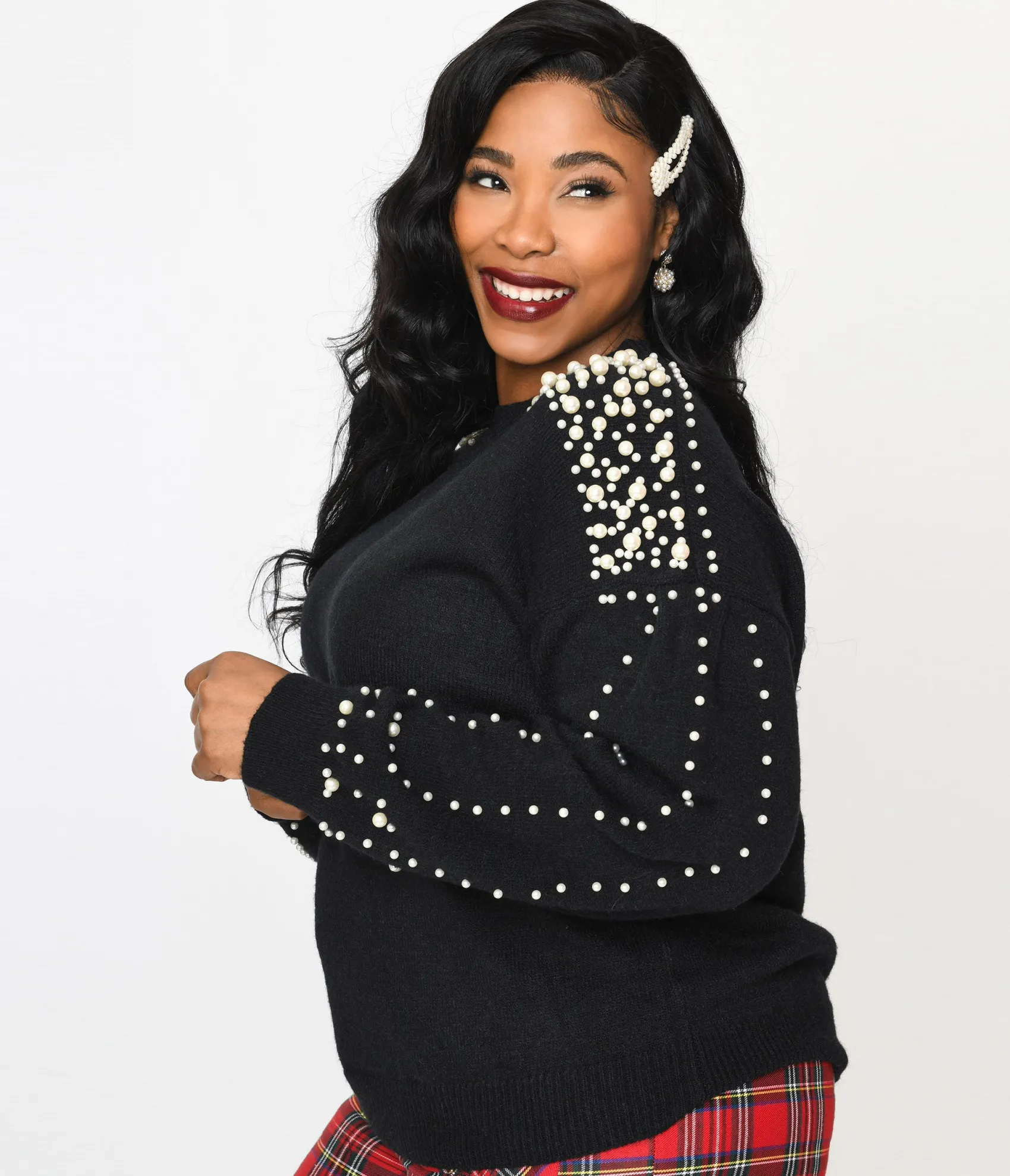 Plus Size Black & Faux Pearl Studded Knit Sweater