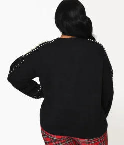 Plus Size Black & Faux Pearl Studded Knit Sweater