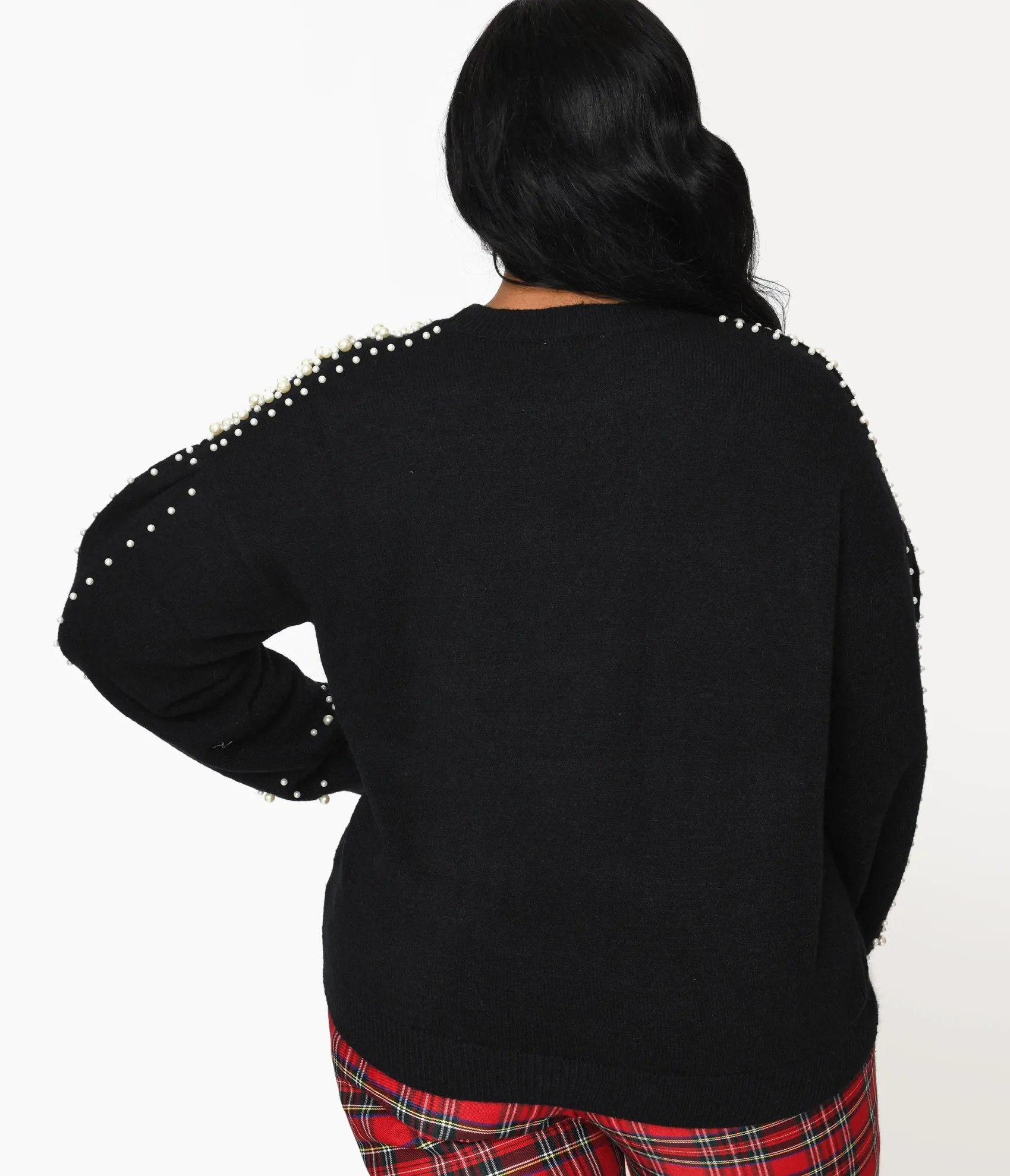 Plus Size Black & Faux Pearl Studded Knit Sweater