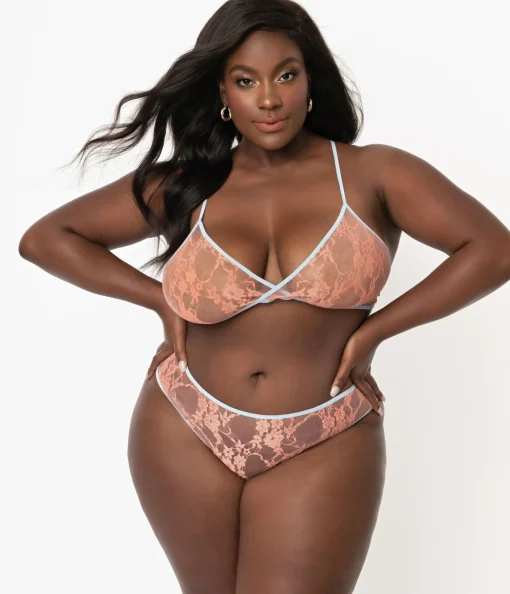 Plus Size Light Blue & Peach Sheer Lace Cheeky Underwear