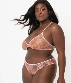 Plus Size Light Blue & Peach Sheer Lace Cheeky Underwear