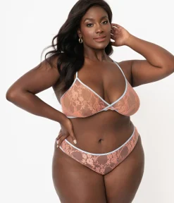 Plus Size Light Blue & Peach Sheer Lace Cheeky Underwear