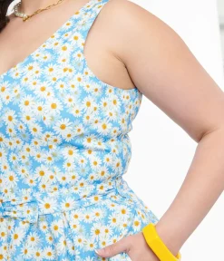 Plus Size 1950s Blue & Daisy Print Cotton Selda Swing Dress