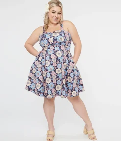 Plus Size 1950s Navy & Multicolor Daisy Print Cotton Flare Dress