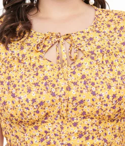 Plus Size 1950s Yellow & Purple Floral Capelet Swing Dress