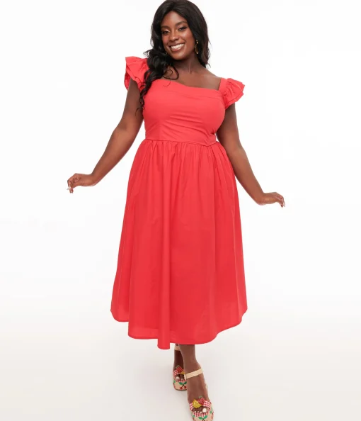 Plus Size Y2K Red Flutter Sleeve Poplin Midi Dress