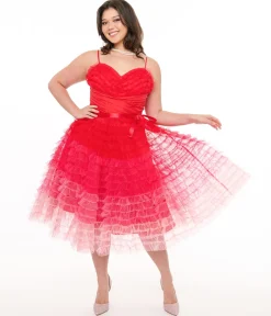 Preorder-Unique Vintage Plus Size 1950s Red & Pink Ombre Tulle Cupcake Swing Dress