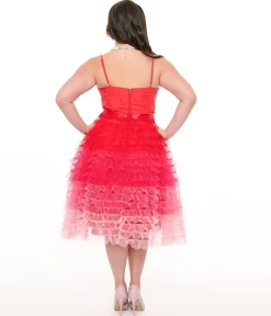 Preorder-Unique Vintage Plus Size 1950s Red & Pink Ombre Tulle Cupcake Swing Dress