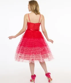 Preorder-Unique Vintage 1950s Red & Pink Ombre Tulle Cupcake Swing Dress