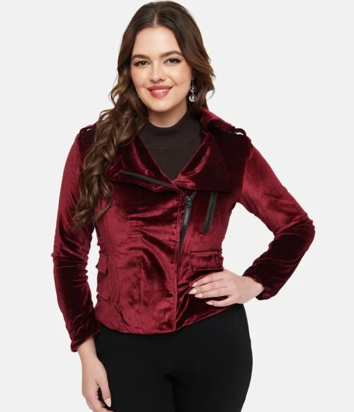 Pretty Attitude Clothing Burgundy Velvet You Could Be Mine Moto Jacket