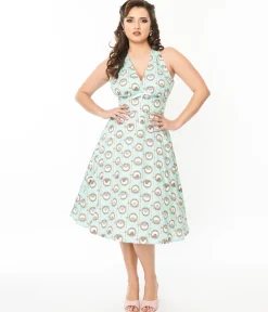 Pusheen x Unique Vintage Teal Pusheen Floral Frame Print Halter Swing Dress