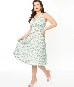 Pusheen x Unique Vintage Teal Pusheen Floral Frame Print Halter Swing Dress