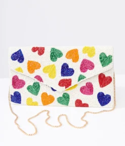 Rainbow Beaded Heart Clutch Handbag