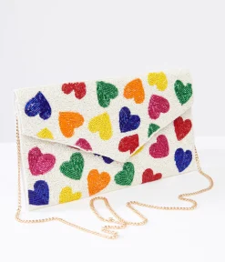 Rainbow Beaded Heart Clutch Handbag