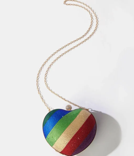 Rainbow Rhinestone Heart Clutch Bag