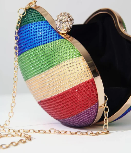 Rainbow Rhinestone Heart Clutch Bag