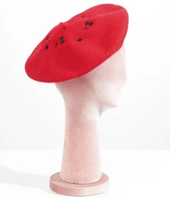 Red & Black Cherry Embroidered Beret