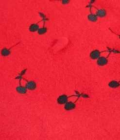 Red & Black Cherry Embroidered Beret
