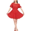 Red Sequin Puff Sleeve Flare Dress