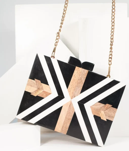 Retro Style Black & White Chevron Wood & Resin Hard Clutch