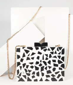 Retro Style Black & White Chevron Wood & Resin Hard Clutch