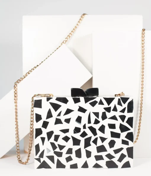 Retro Style Black & White Chevron Wood & Resin Hard Clutch