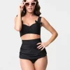 Retro Style Black Gathered High Waist Skirted Swim Bottoms