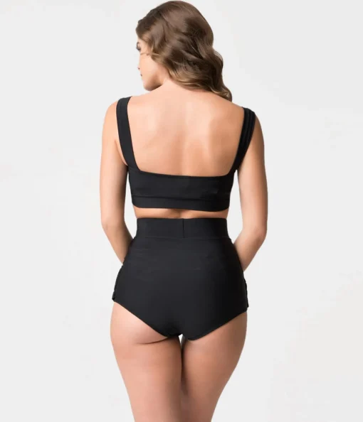 Retro Style Black Gathered High Waist Skirted Swim Bottoms
