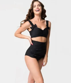 Retro Style Black Gathered High Waist Skirted Swim Bottoms