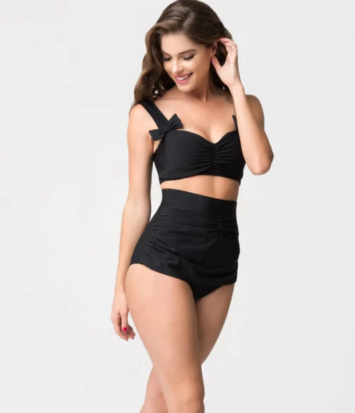 Retro Style Black Gathered High Waist Skirted Swim Bottoms