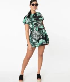 Retro Style Green & Black Palm Print Tropical Skort