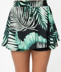 Retro Style Green & Black Palm Print Tropical Skort