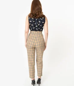 Retro Style Tan & Black Plaid High Waist Pants