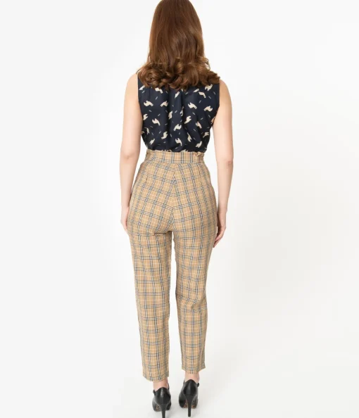 Retro Style Tan & Black Plaid High Waist Pants