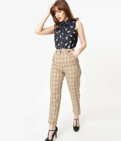 Retro Style Tan & Black Plaid High Waist Pants