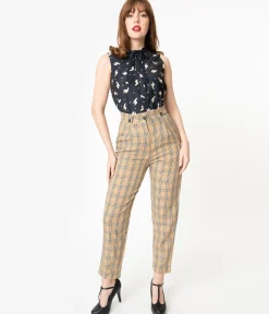 Retro Style Tan & Black Plaid High Waist Pants