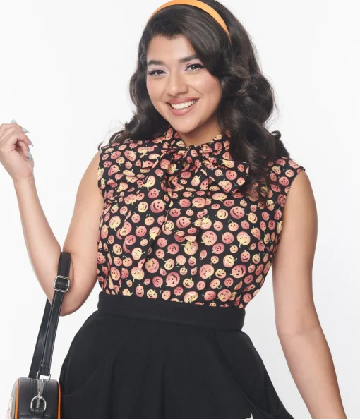Retrolicious Black & Pumpkins Bow Blouse
