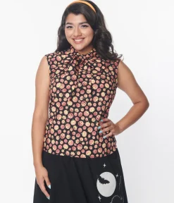 Retrolicious Black & Pumpkins Bow Blouse