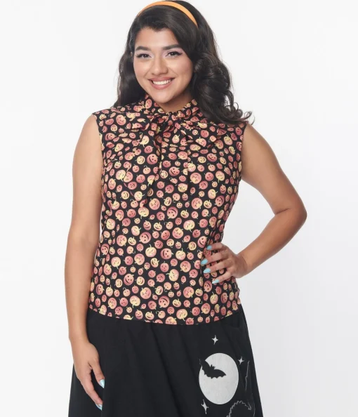 Retrolicious Black & Pumpkins Bow Blouse