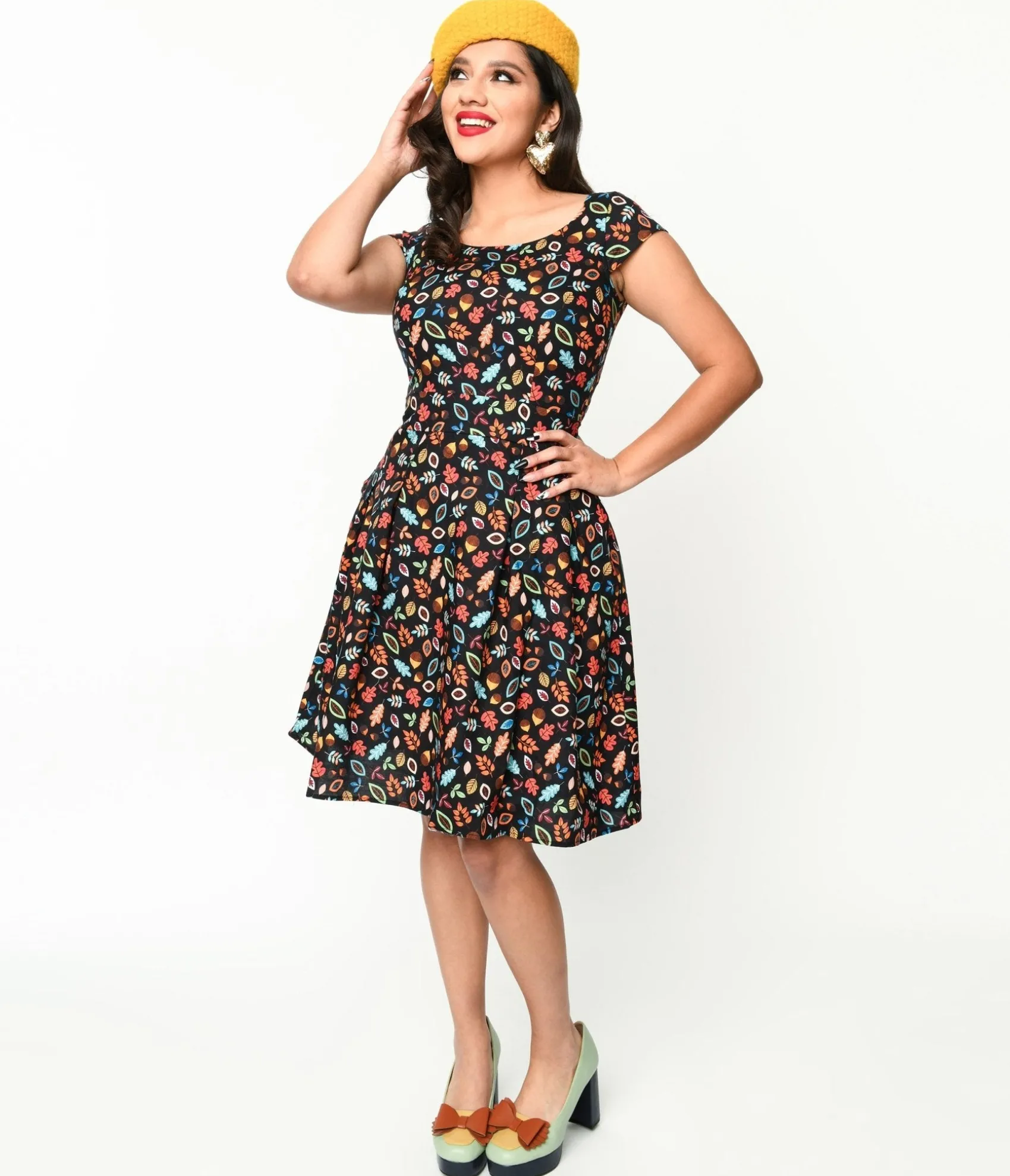 Retrolicious Black Leaves & Acorns Margaret Flare Dress