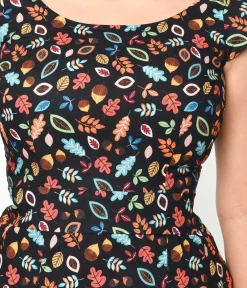 Retrolicious Black Leaves & Acorns Margaret Flare Dress