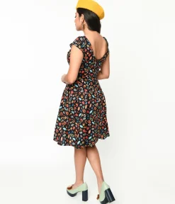 Retrolicious Black Leaves & Acorns Margaret Flare Dress